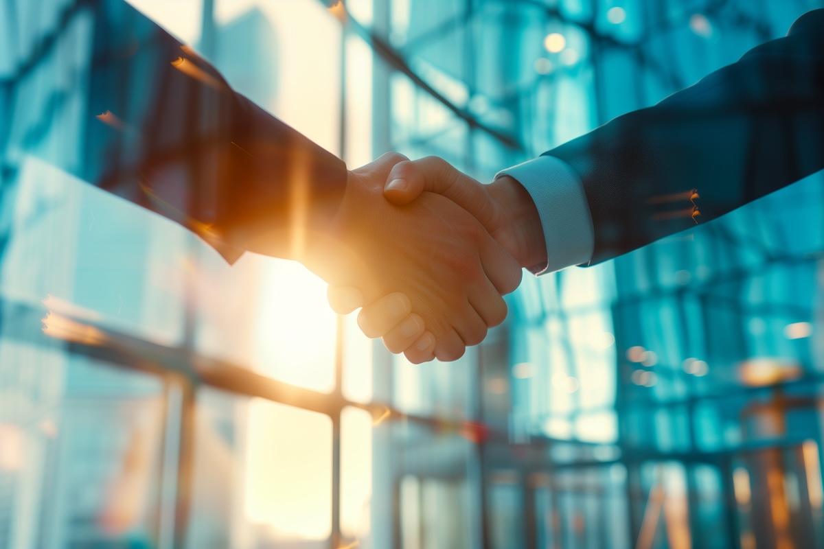 A closeup on a handshake in front of a sunset, representing Lutco's commitment to fair, transparent, customer-focused relationships.